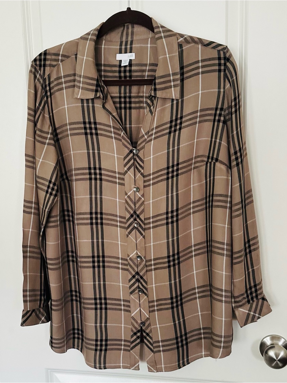 J. Jill Taupe Plaid Pleated Button-Front Shirt - 1X